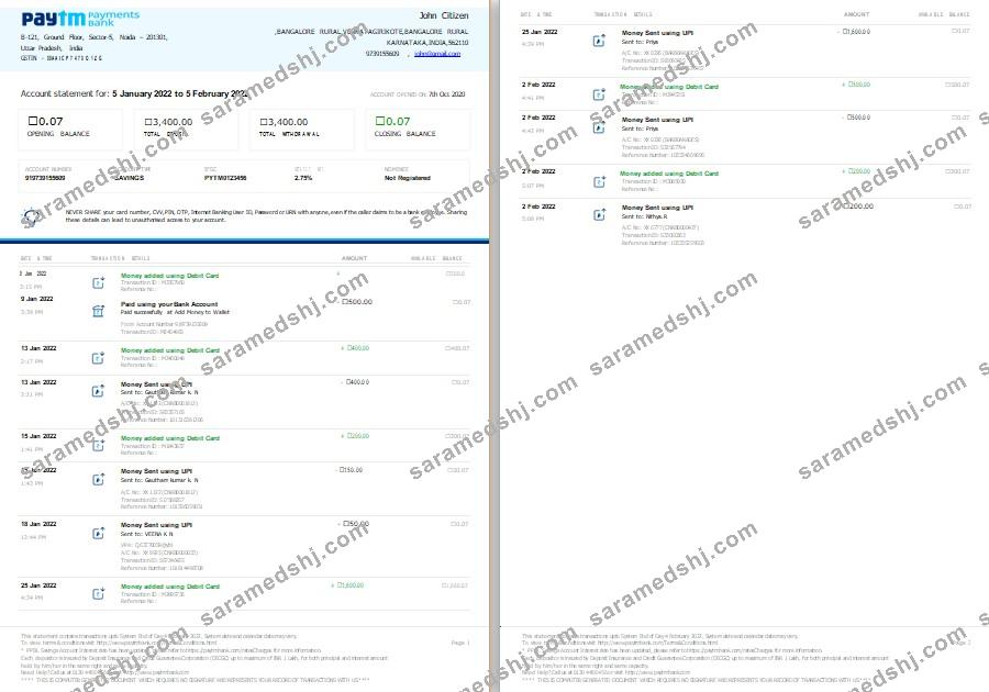 India Paytm Payments bank statement template, Word and PDF format, 2 pages, version 2